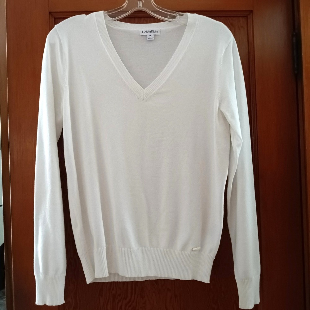 Calvin Klein Womens White V-Neck Long Sleeve Rayon Blend Sweater - Size Medium